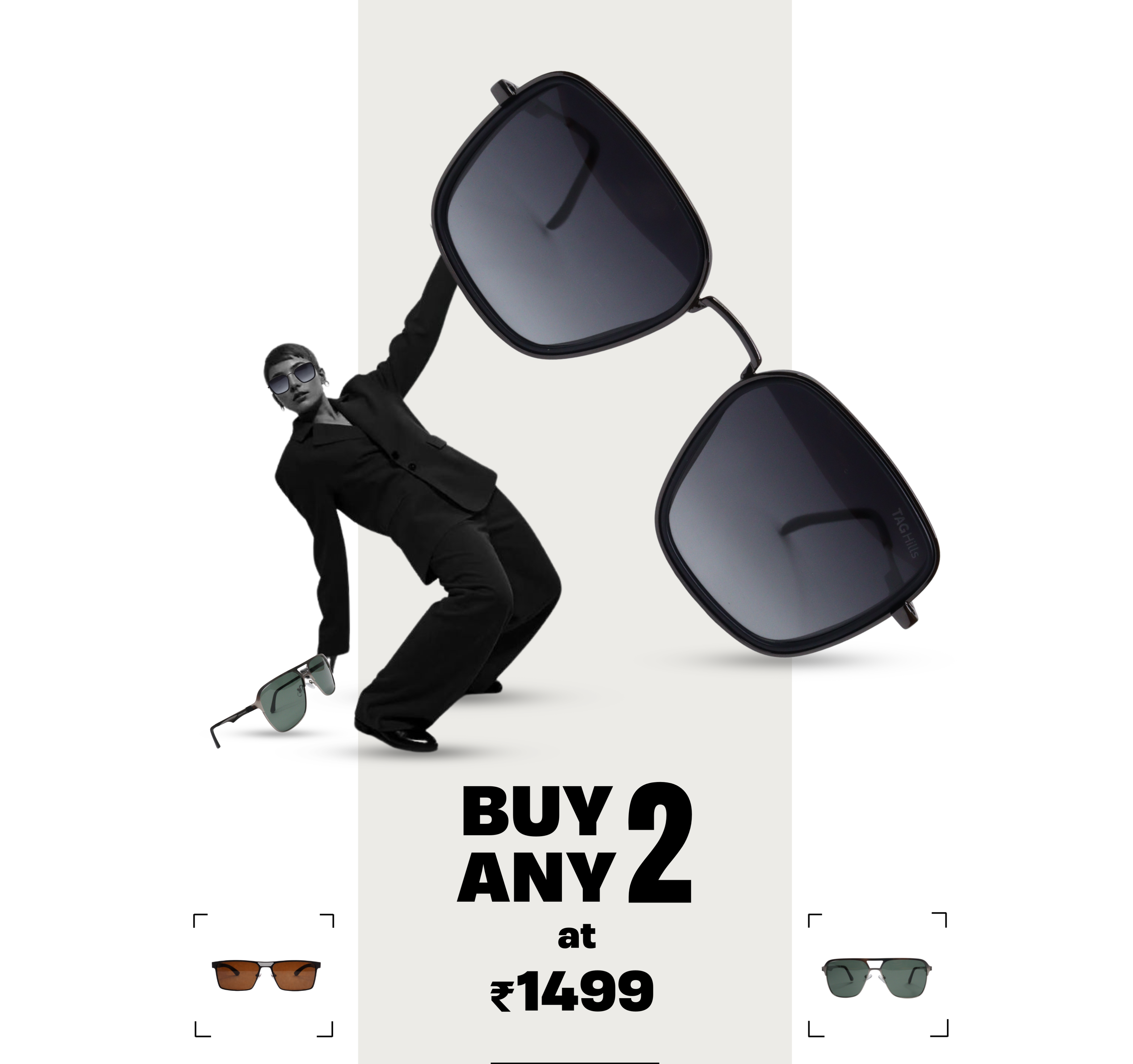 Sunglasses with promotional text and a man in a suit on a white background